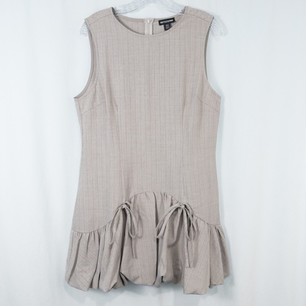 Pinstripe Racer Bubble Hem Mini‎ Dress Sz 10 Taupe Drop Waist Corporate Coquette